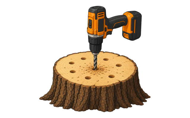 Cordless drill making evenly spaced holes in the top of a tree stump
