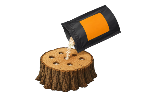 Resealable pouch pouring stump remover granules directly into drilled stump holes