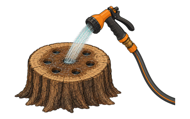Garden hose nozzle thoroughly watering the filled holes in a tree stump
