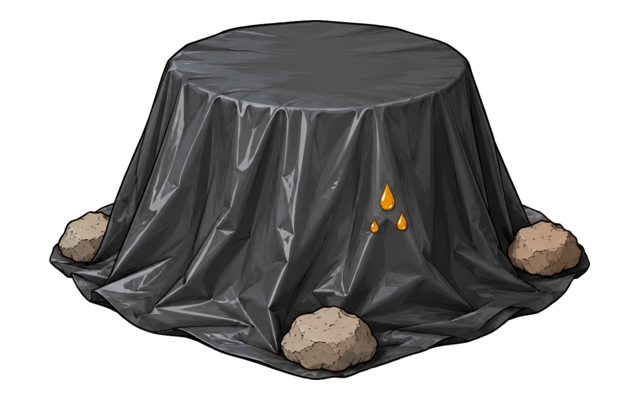 Plastic tarp covering a tree stump with the edges secured by stones