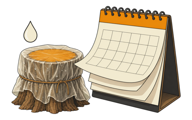 Covered moist tree stump beside a calendar representing elapsed time
